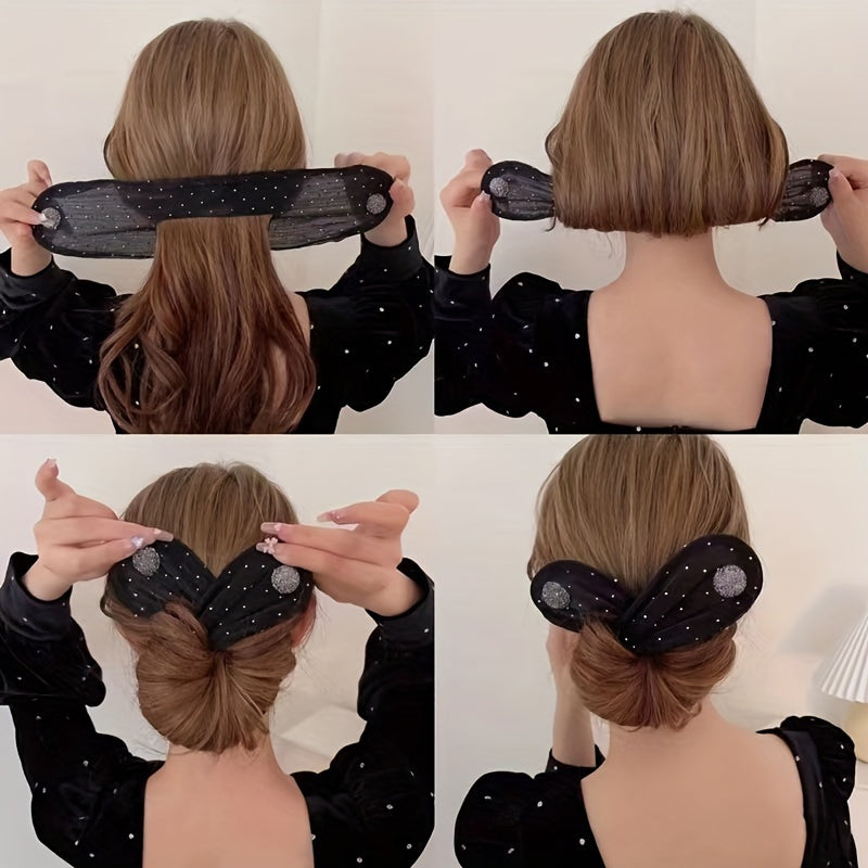 1pc Elegant Black Fabric Hair Clip with Sparkling Rhinestone Accents - Versatile Twist & Bun Maker for Women, Perfect for Retro Hairstyles