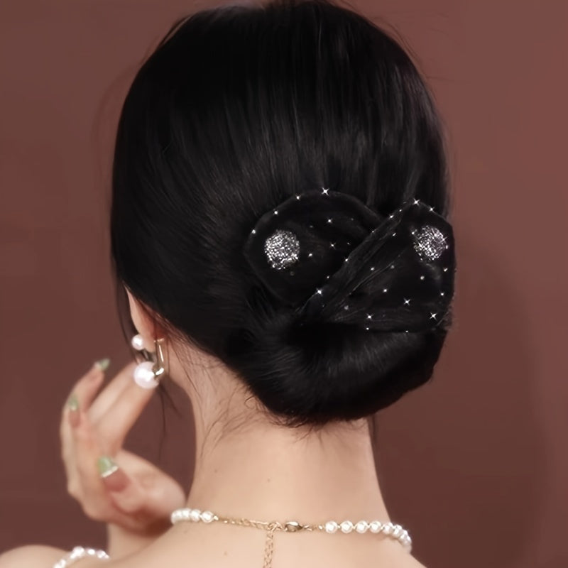 1pc Elegant Black Fabric Hair Clip with Sparkling Rhinestone Accents - Versatile Twist & Bun Maker for Women, Perfect for Retro Hairstyles