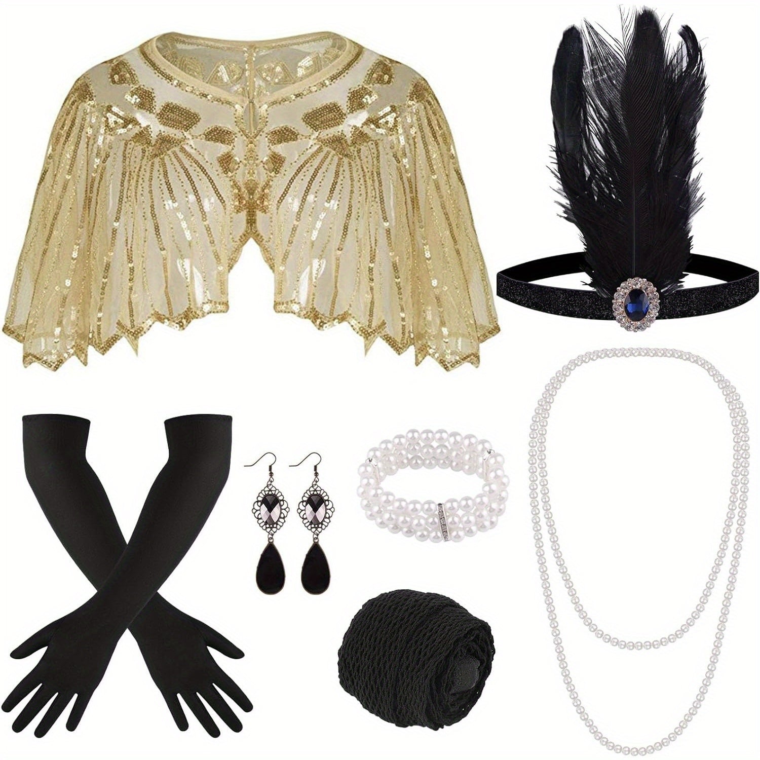FEPITO 10pcs 1920s Flapper Gatsby Accessories Set Fashion Roaring 20's Theme Set with Headband Headpiece for Women Masquerade, Halloween Dress Up