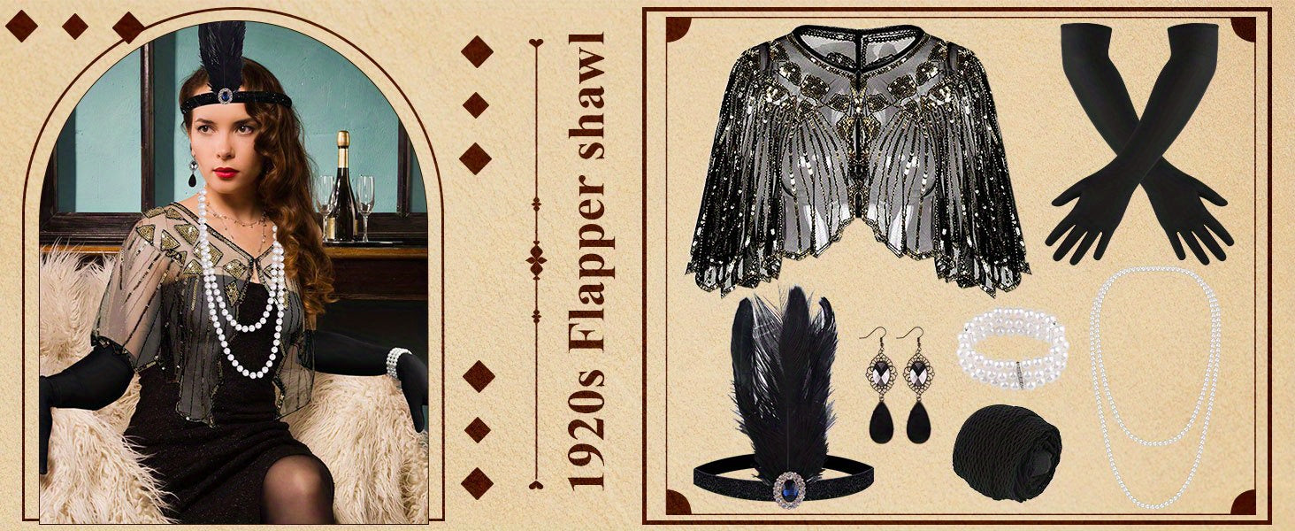 FEPITO 10pcs 1920s Flapper Gatsby Accessories Set Fashion Roaring 20's Theme Set with Headband Headpiece for Women Masquerade, Halloween Dress Up