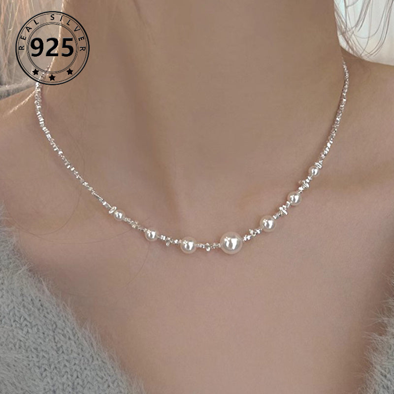 Sterling Silver S925 Chic Faux Pearl Necklace for Women | Luxury & Unique Design | Elegant Clavicle Chain | Perfect Gift for Proposal, Engagement, Wedding Anniversary, Valentine'S | Versatile Retro Fashion | Delicate & Classic Style | Quality Gift fo