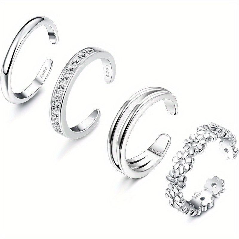 Set of 4 Adjustable Open Toe Rings Made of 925 Sterling Silver for Women, Featuring Daisy Flower And Cubic Zirconia Designs, Lightweight at 6G/0.21Oz, Perfect As a Jewelry Gift Set, Includes Band Rings