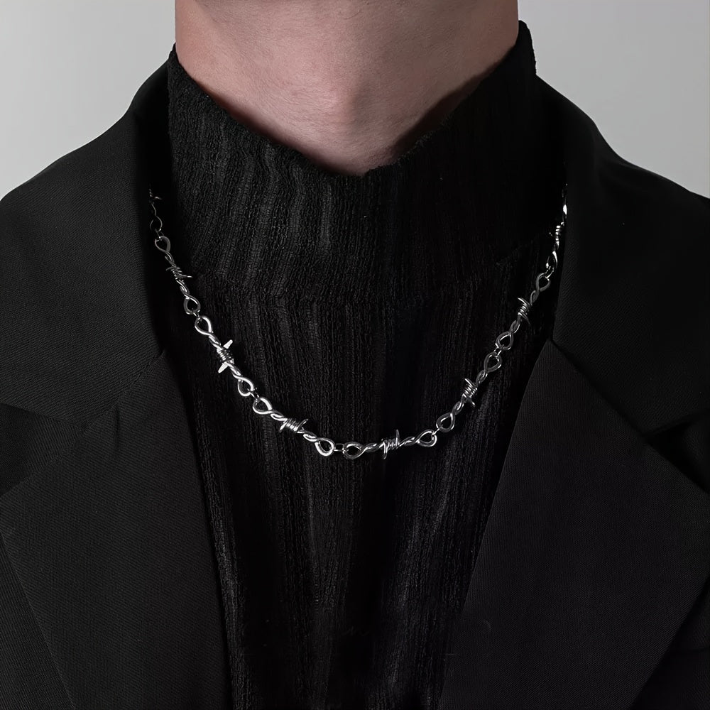 Punk Twist Spiked Thorns Metal Barbed Wire Chain Necklace for Men