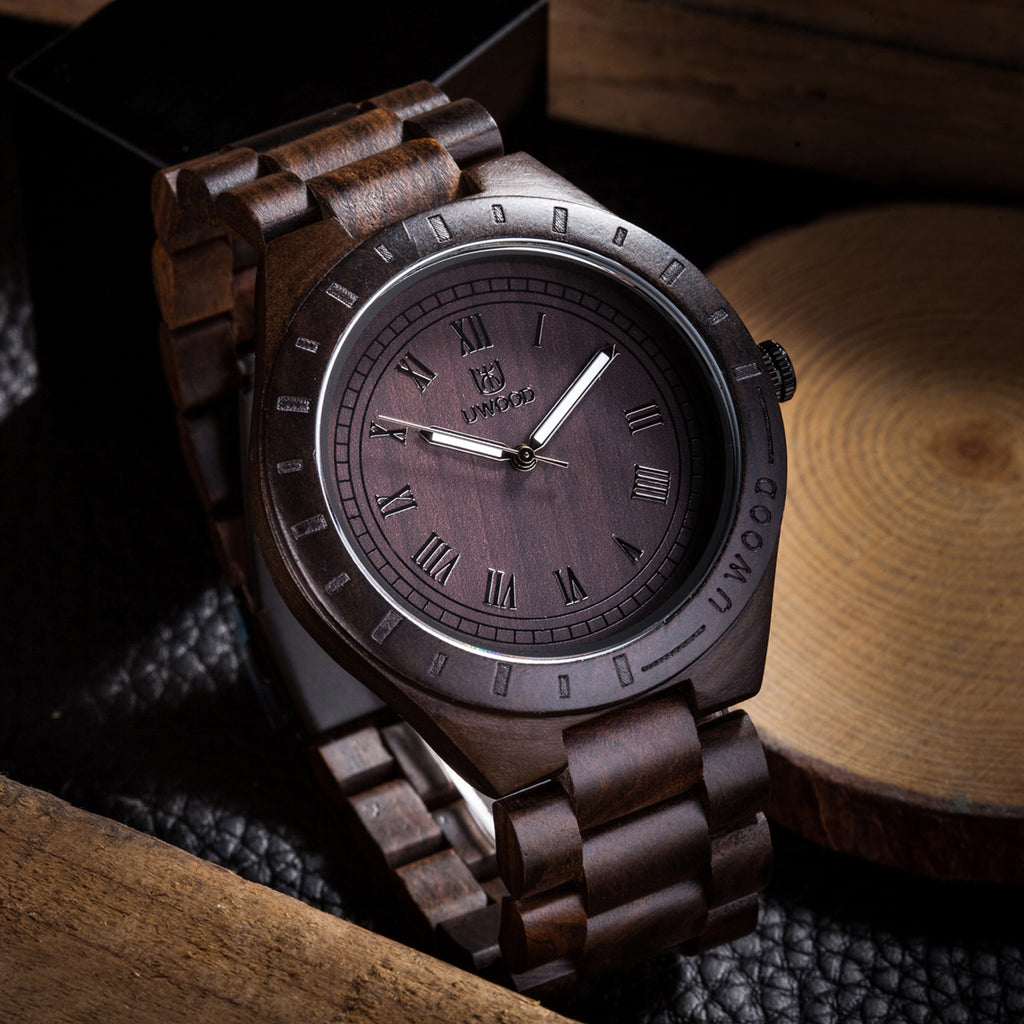 UWOOD Mens Wood Watch Black Sandal Solid Wooden Watch Relogio Masculino Christmas Gift Men