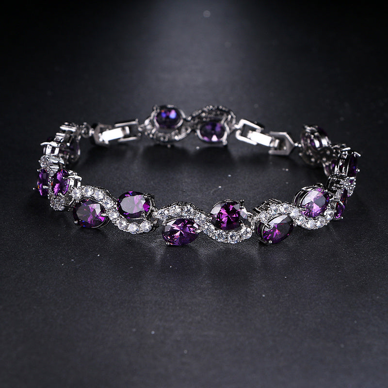 Radiant Luxury Purple Oval Link Bracelet - Exquisite Silver Plating Craftsmanship and Dazzling Copper Zirconia - A Fashionable Hand Accessory for Birthdays and Anniversaries