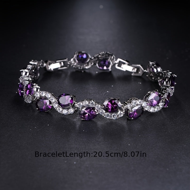 Radiant Luxury Purple Oval Link Bracelet - Exquisite Silver Plating Craftsmanship and Dazzling Copper Zirconia - A Fashionable Hand Accessory for Birthdays and Anniversaries