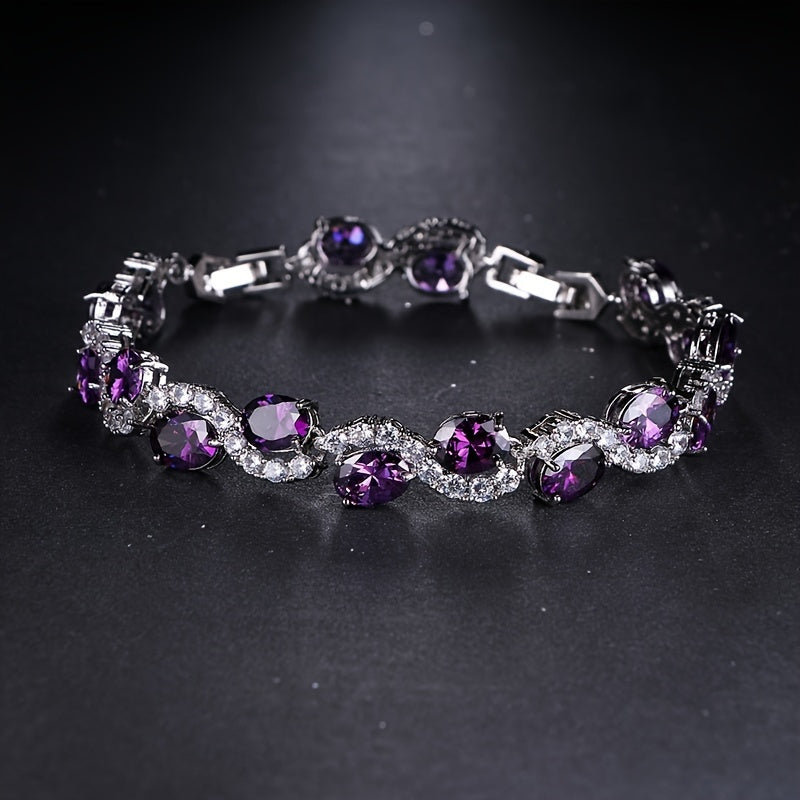 Radiant Luxury Purple Oval Link Bracelet - Exquisite Silver Plating Craftsmanship and Dazzling Copper Zirconia - A Fashionable Hand Accessory for Birthdays and Anniversaries