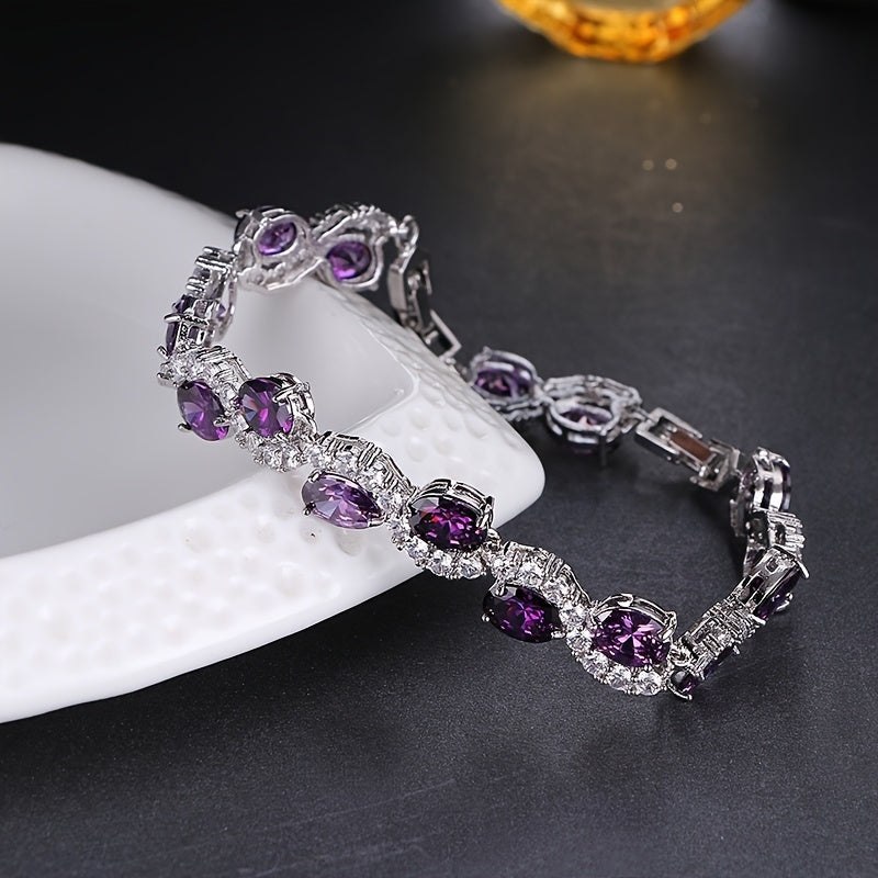 Radiant Luxury Purple Oval Link Bracelet - Exquisite Silver Plating Craftsmanship and Dazzling Copper Zirconia - A Fashionable Hand Accessory for Birthdays and Anniversaries