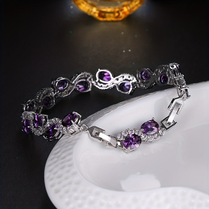 Radiant Luxury Purple Oval Link Bracelet - Exquisite Silver Plating Craftsmanship and Dazzling Copper Zirconia - A Fashionable Hand Accessory for Birthdays and Anniversaries