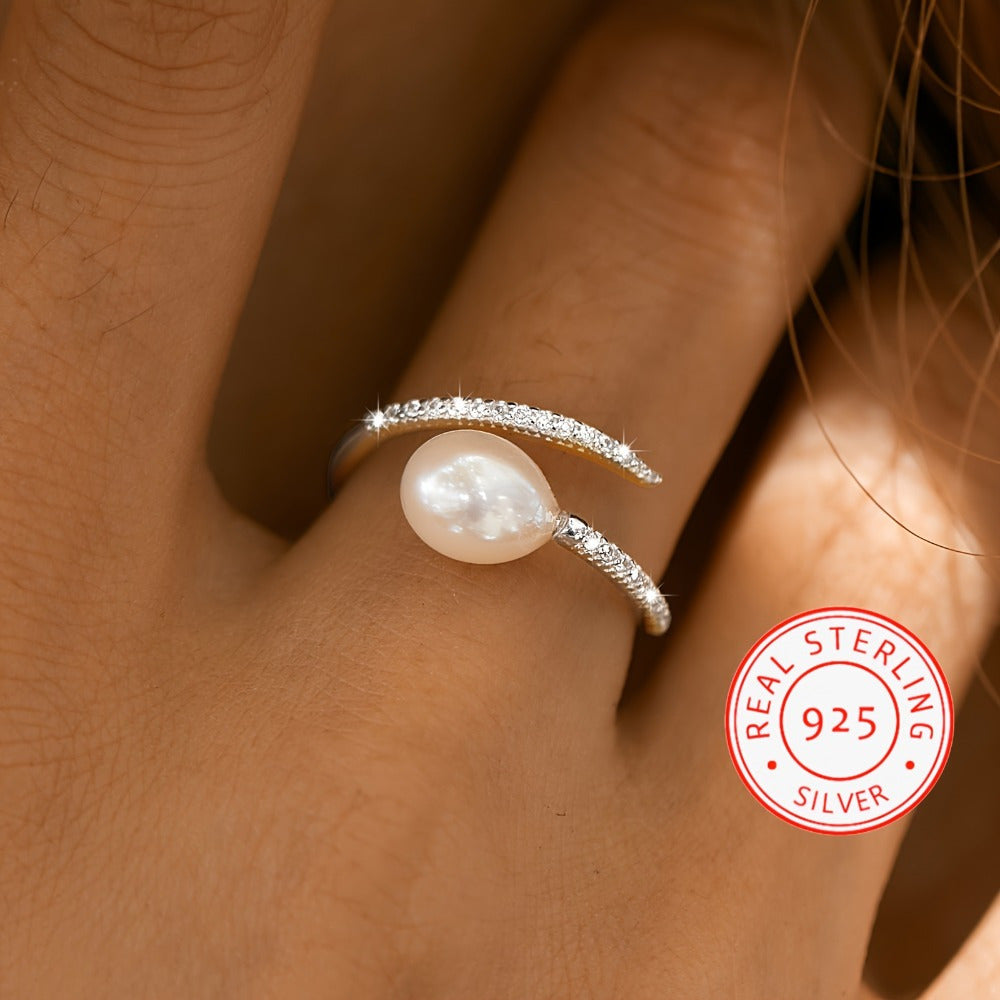 Elegant retro style 925 sterling silver adjustable ring with natural Baroque oval freshwater pearl and cubic Zirconia inlaid wrap ring