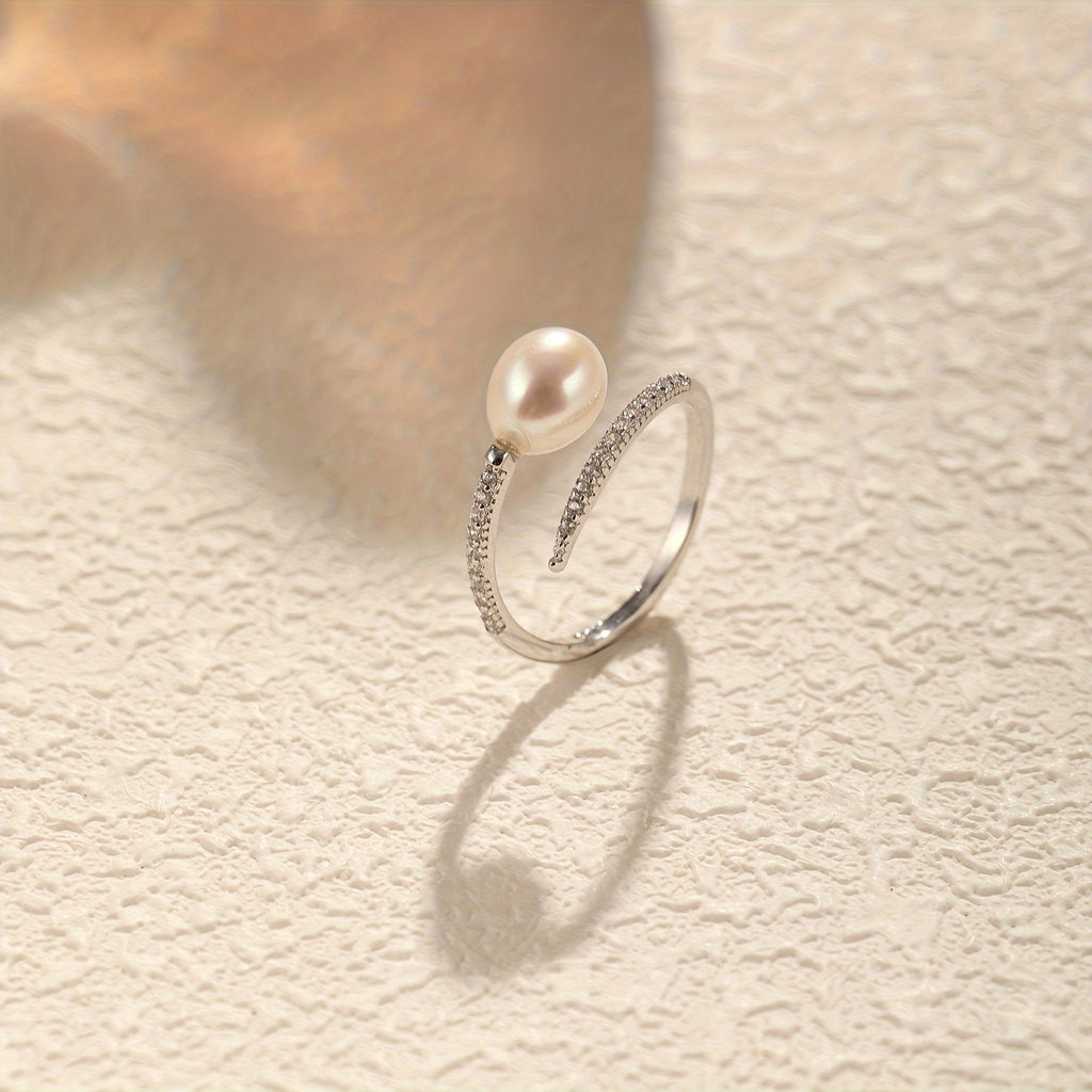 Elegant retro style 925 sterling silver adjustable ring with natural Baroque oval freshwater pearl and cubic Zirconia inlaid wrap ring