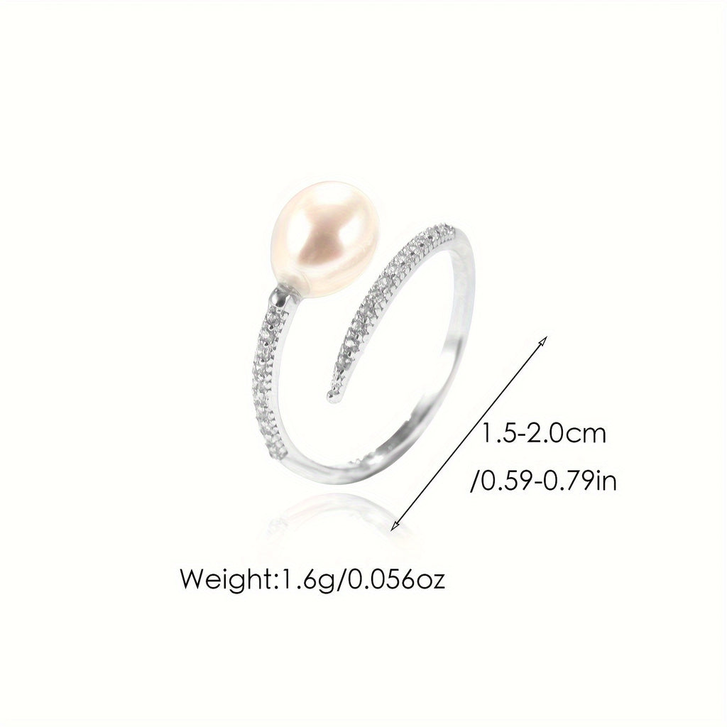 Elegant retro style 925 sterling silver adjustable ring with natural Baroque oval freshwater pearl and cubic Zirconia inlaid wrap ring