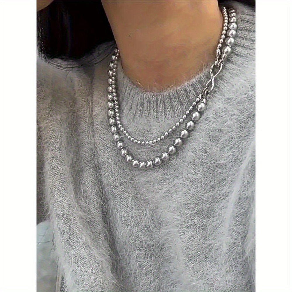 Exquisite 925 Sterling Silvery Imitation Pearl Necklace, Double-Layer Luxurious Style, Detachable Buckle, Anti Allergic Round Pearl Chain, Suitable for Daily Wear And Special Occasions, Perfect Gift for Mother'S Day