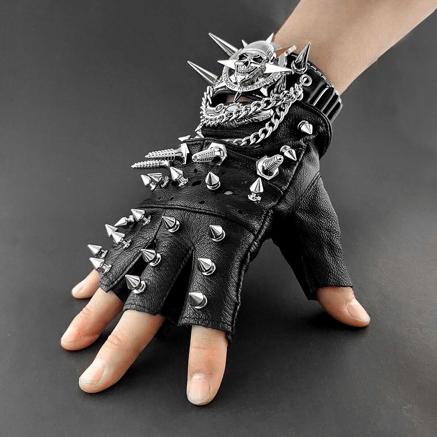 Men's Steampunk Motorcycle Leather Fingerless Gloves with Rivet & Chain Bracelet - Black Biker Style, Skull & Gear Design, One Size Fits Most, Motorcycle Gloves, Accessory for Bikers, Metallic Accent Details, Riding Gear, Fashion Enthusiasts