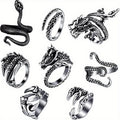 Adjustable 316 Stainless Steel 8pcs Ring Set - Dragon & Snake Zirconia-Inlaid, Retro Casual Style Essentials
