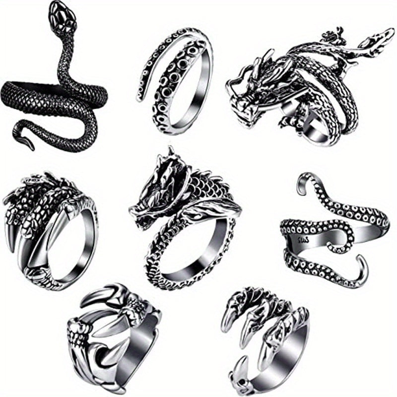 Adjustable 316 Stainless Steel 8pcs Ring Set - Dragon & Snake Zirconia-Inlaid, Retro Casual Style Essentials