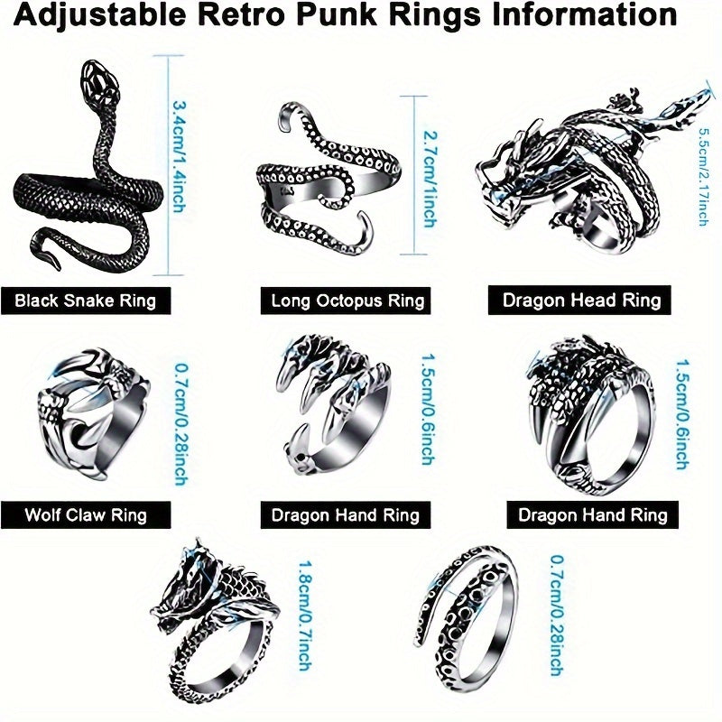 Adjustable 316 Stainless Steel 8pcs Ring Set - Dragon & Snake Zirconia-Inlaid, Retro Casual Style Essentials