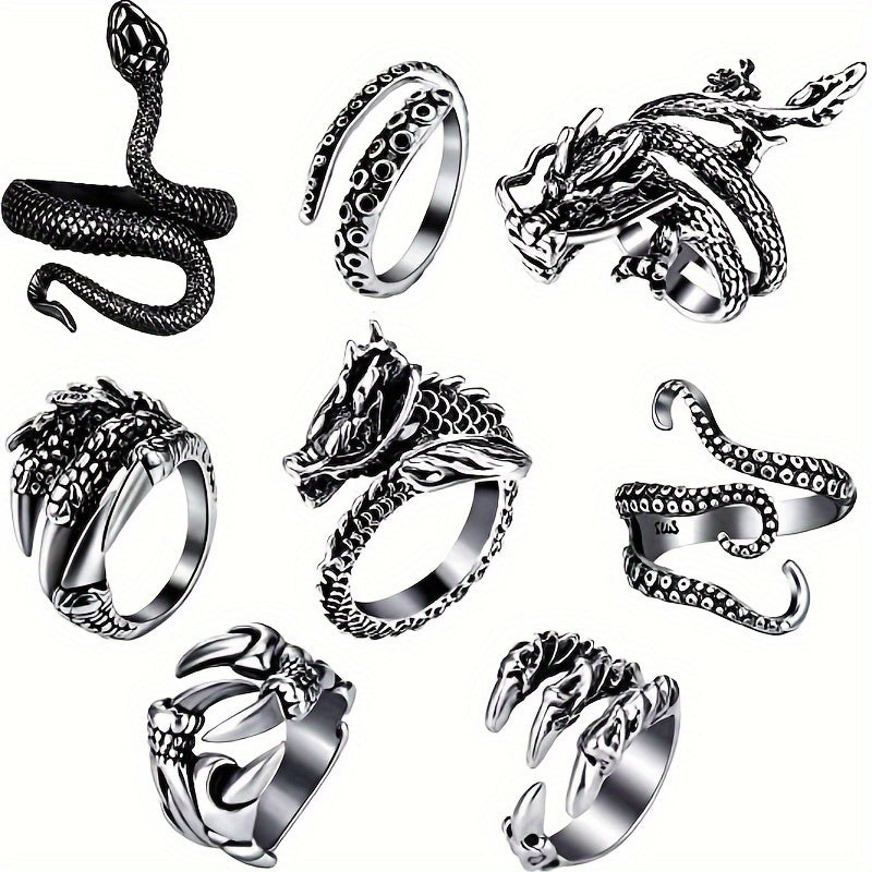 Adjustable 316 Stainless Steel 8pcs Ring Set - Dragon & Snake Zirconia-Inlaid, Retro Casual Style Essentials