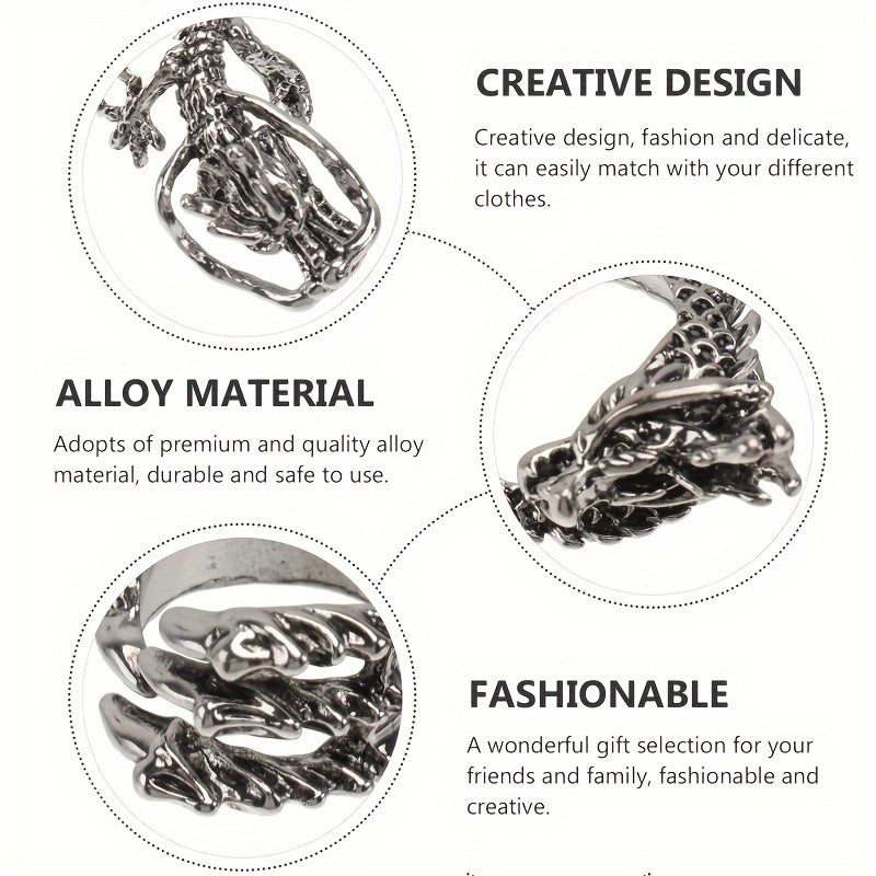 Adjustable 316 Stainless Steel 8pcs Ring Set - Dragon & Snake Zirconia-Inlaid, Retro Casual Style Essentials