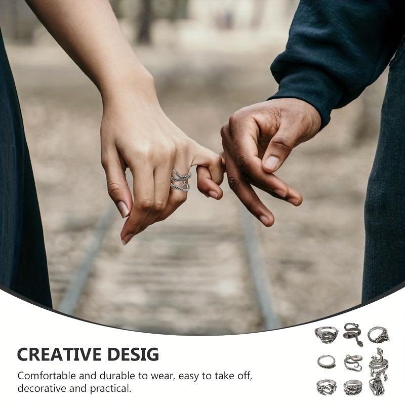 Adjustable 316 Stainless Steel 8pcs Ring Set - Dragon & Snake Zirconia-Inlaid, Retro Casual Style Essentials