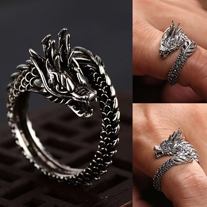 Adjustable 316 Stainless Steel 8pcs Ring Set - Dragon & Snake Zirconia-Inlaid, Retro Casual Style Essentials
