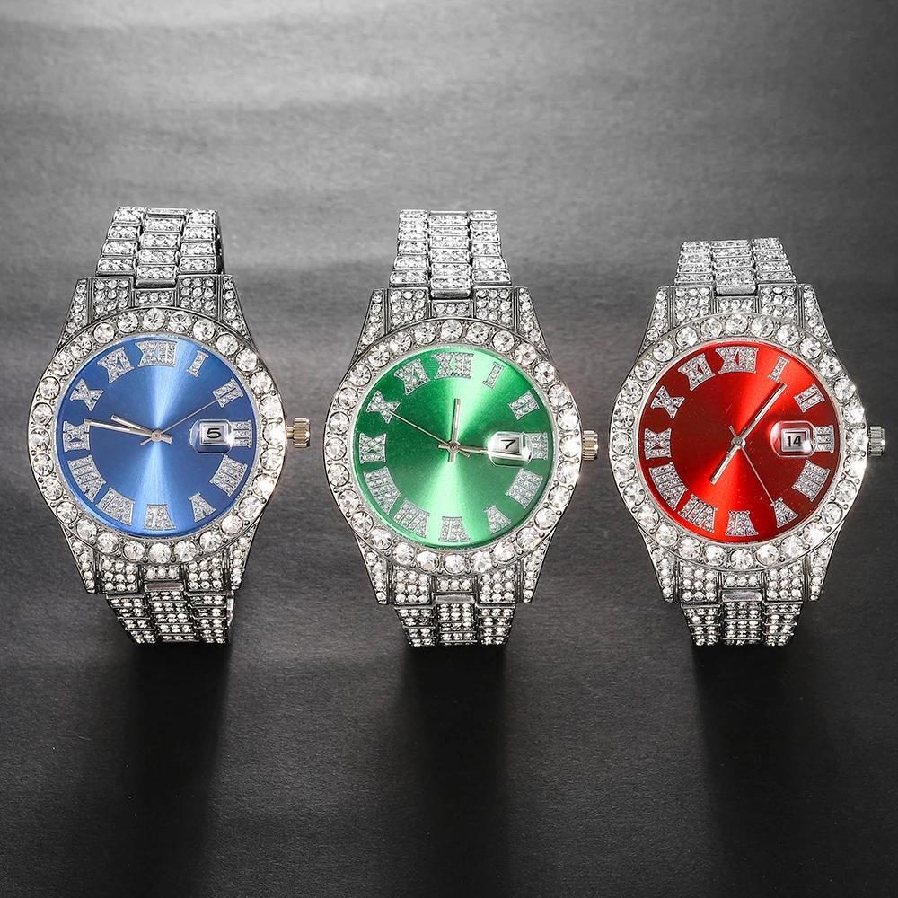 4pcs/set Men's & Women's Rhinestone Wrist Watch & Cross Pendant Jewelry Set with Analog Quartz Watch, Calendar, Quartz Movement, Suitable for, Wedding, Daily Wear - Luxury Accessory Gift for Him/Her