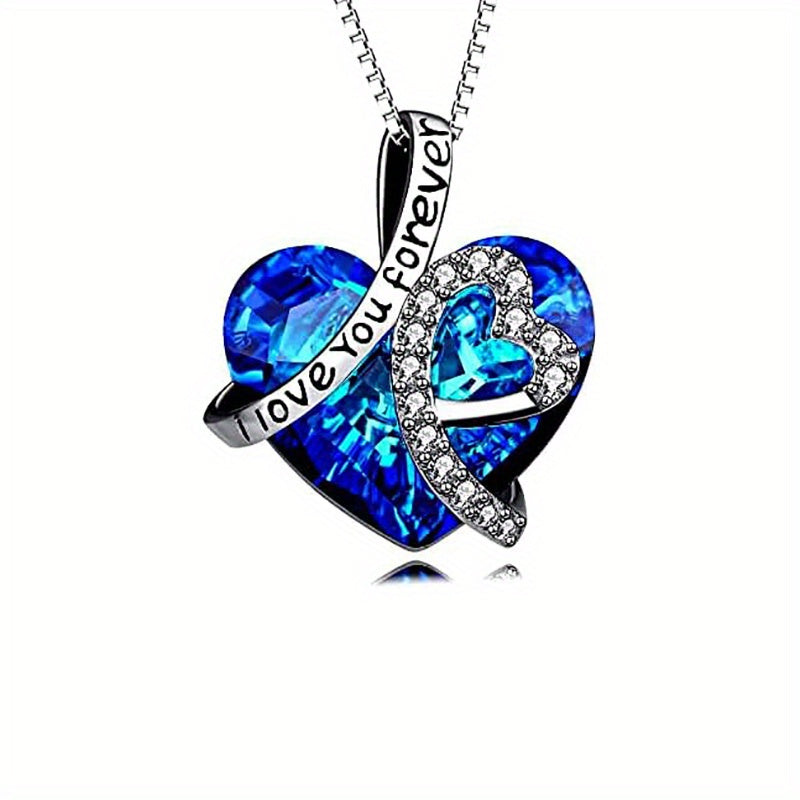 [Perfect Anniversary Gift] Elegant 925 Sterling Silver 'I Love You Forever' Heart-Shaped Pendant Necklace With Blue Crystal & Sparkling Accents - Perfect Anniversary, Birthday Gift For Women, Jewelry Weight Of The Product (2.15g)