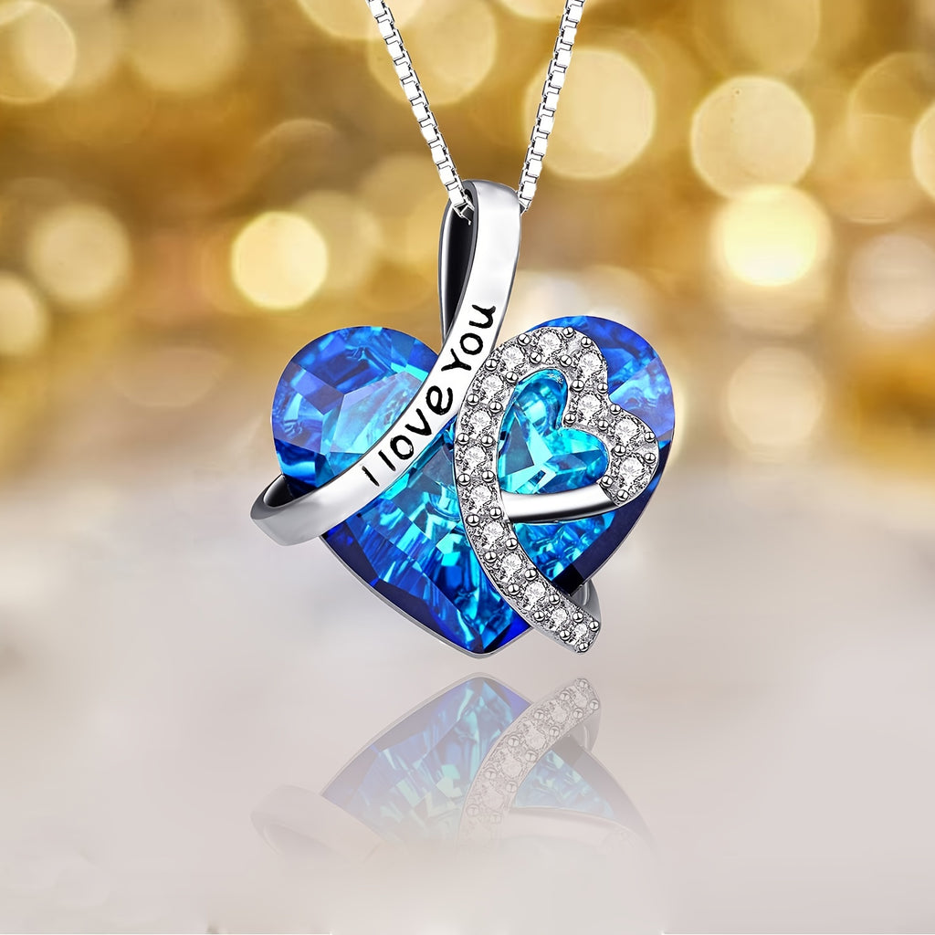 [Perfect Anniversary Gift] Elegant 925 Sterling Silver 'I Love You Forever' Heart-Shaped Pendant Necklace With Blue Crystal & Sparkling Accents - Perfect Anniversary, Birthday Gift For Women, Jewelry Weight Of The Product (2.15g)