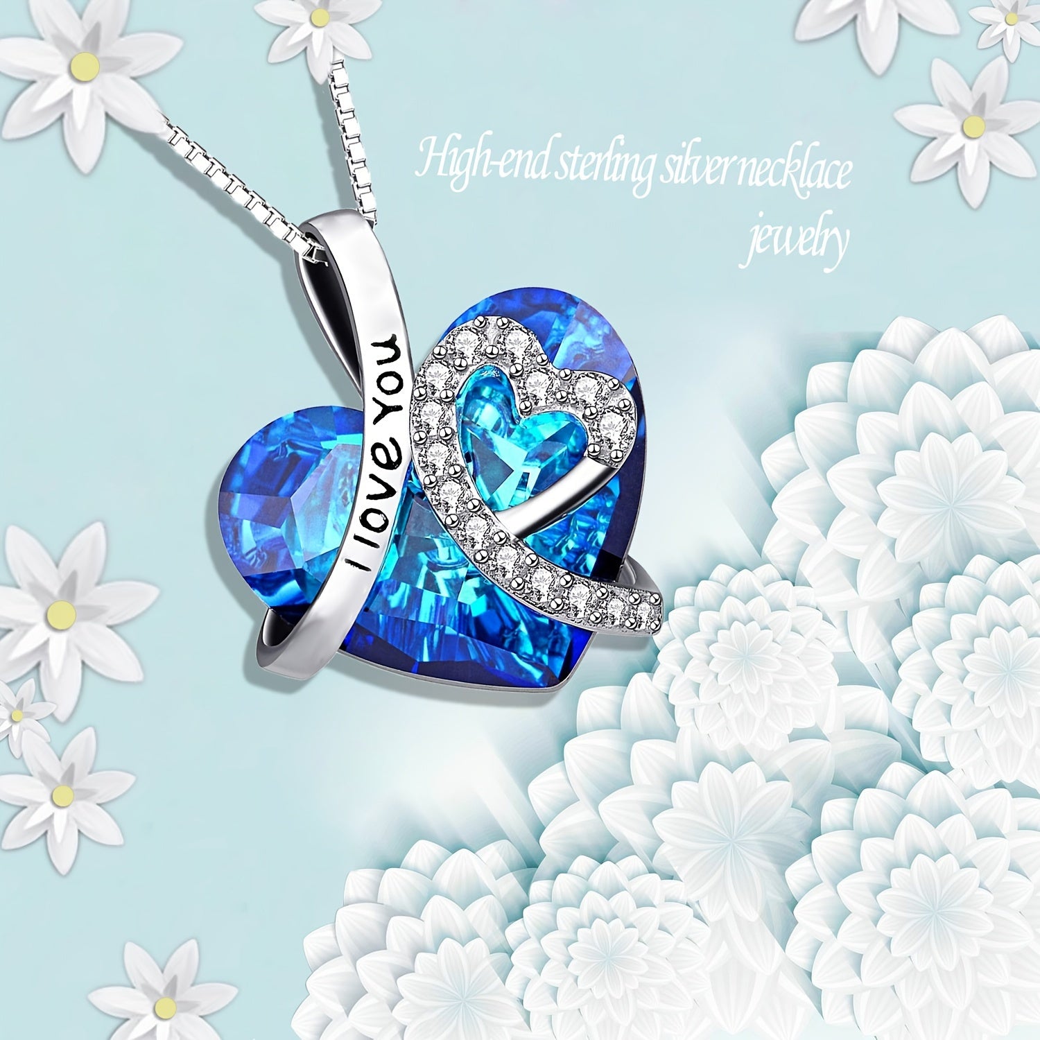 [Perfect Anniversary Gift] Elegant 925 Sterling Silver 'I Love You Forever' Heart-Shaped Pendant Necklace With Blue Crystal & Sparkling Accents - Perfect Anniversary, Birthday Gift For Women, Jewelry Weight Of The Product (2.15g)