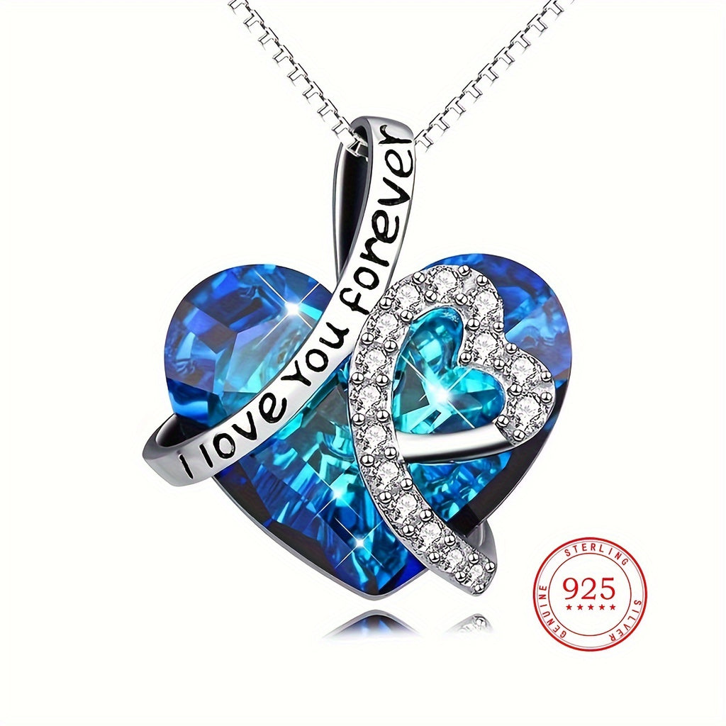 [Perfect Anniversary Gift] Elegant 925 Sterling Silver 'I Love You Forever' Heart-Shaped Pendant Necklace With Blue Crystal & Sparkling Accents - Perfect Anniversary, Birthday Gift For Women, Jewelry Weight Of The Product (2.15g)