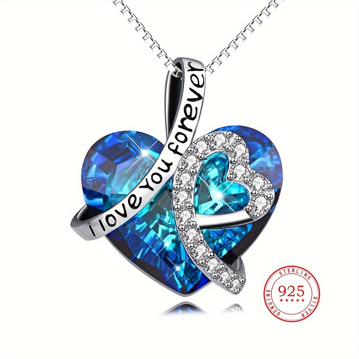 [Perfect Anniversary Gift] Elegant 925 Sterling Silver 'I Love You Forever' Heart-Shaped Pendant Necklace With Blue Crystal & Sparkling Accents - Perfect Anniversary, Birthday Gift For Women, Jewelry Weight Of The Product (2.15g)