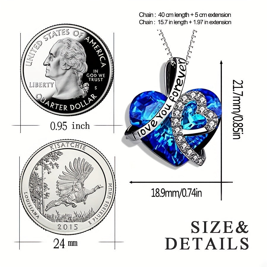 [Perfect Anniversary Gift] Elegant 925 Sterling Silver 'I Love You Forever' Heart-Shaped Pendant Necklace With Blue Crystal & Sparkling Accents - Perfect Anniversary, Birthday Gift For Women, Jewelry Weight Of The Product (2.15g)