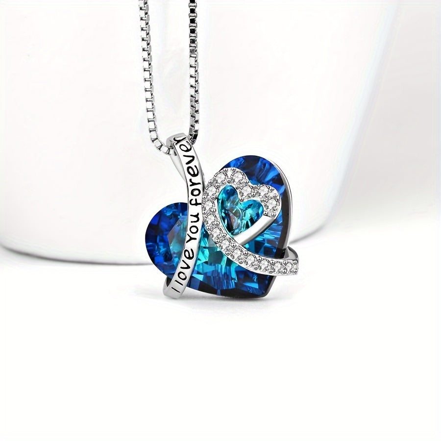 [Perfect Anniversary Gift] Elegant 925 Sterling Silver 'I Love You Forever' Heart-Shaped Pendant Necklace With Blue Crystal & Sparkling Accents - Perfect Anniversary, Birthday Gift For Women, Jewelry Weight Of The Product (2.15g)