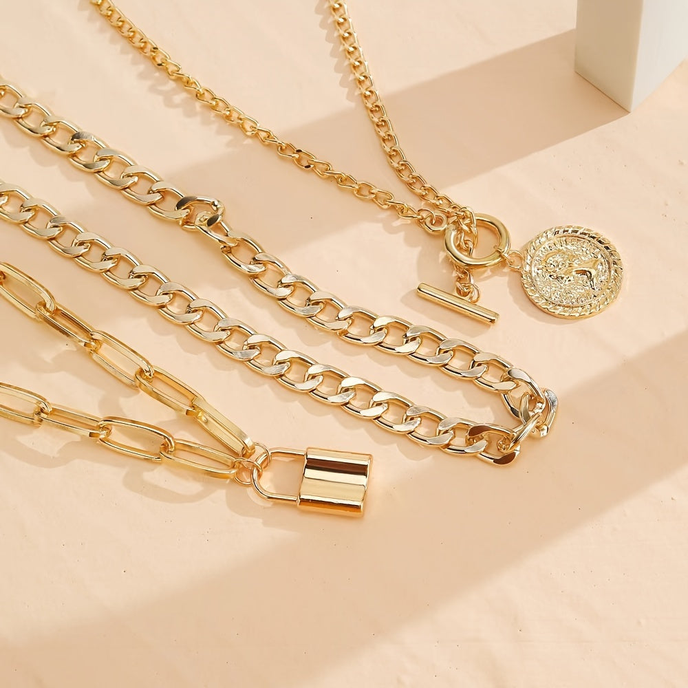 [Elegant Jewelry Set] 3pcs Set Layered Necklace (Gift Bag), Women's Vintage & Elegant Style, Gold Plated Embossed Round Pendant Necklace Set With Creative Lock Charm, Fashionable Jewelry Accessory