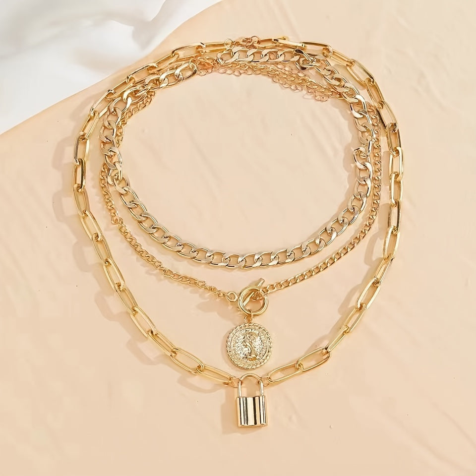 [Elegant Jewelry Set] 3pcs Set Layered Necklace (Gift Bag), Women's Vintage & Elegant Style, Gold Plated Embossed Round Pendant Necklace Set With Creative Lock Charm, Fashionable Jewelry Accessory