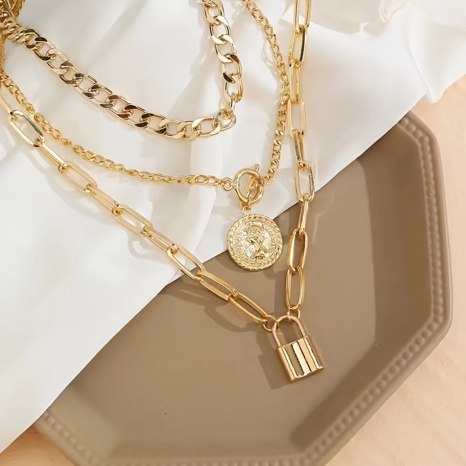 [Elegant Jewelry Set] 3pcs Set Layered Necklace (Gift Bag), Women's Vintage & Elegant Style, Gold Plated Embossed Round Pendant Necklace Set With Creative Lock Charm, Fashionable Jewelry Accessory