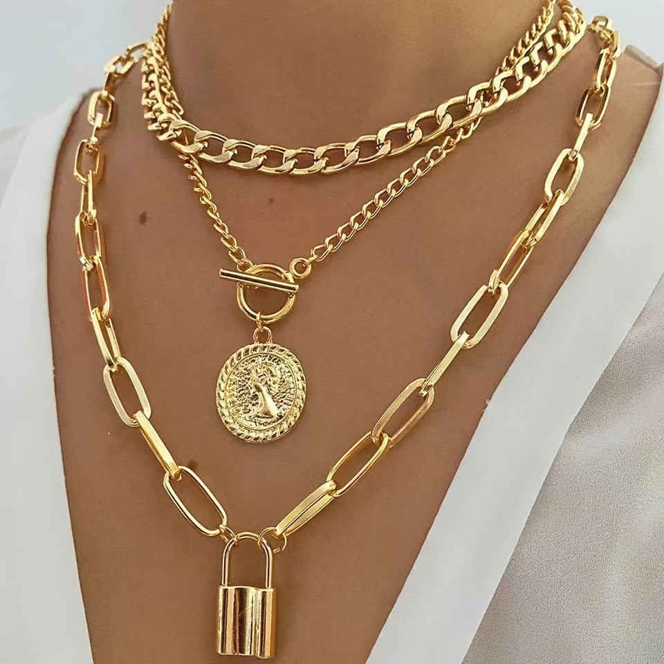 [Elegant Jewelry Set] 3pcs Set Layered Necklace (Gift Bag), Women's Vintage & Elegant Style, Gold Plated Embossed Round Pendant Necklace Set With Creative Lock Charm, Fashionable Jewelry Accessory