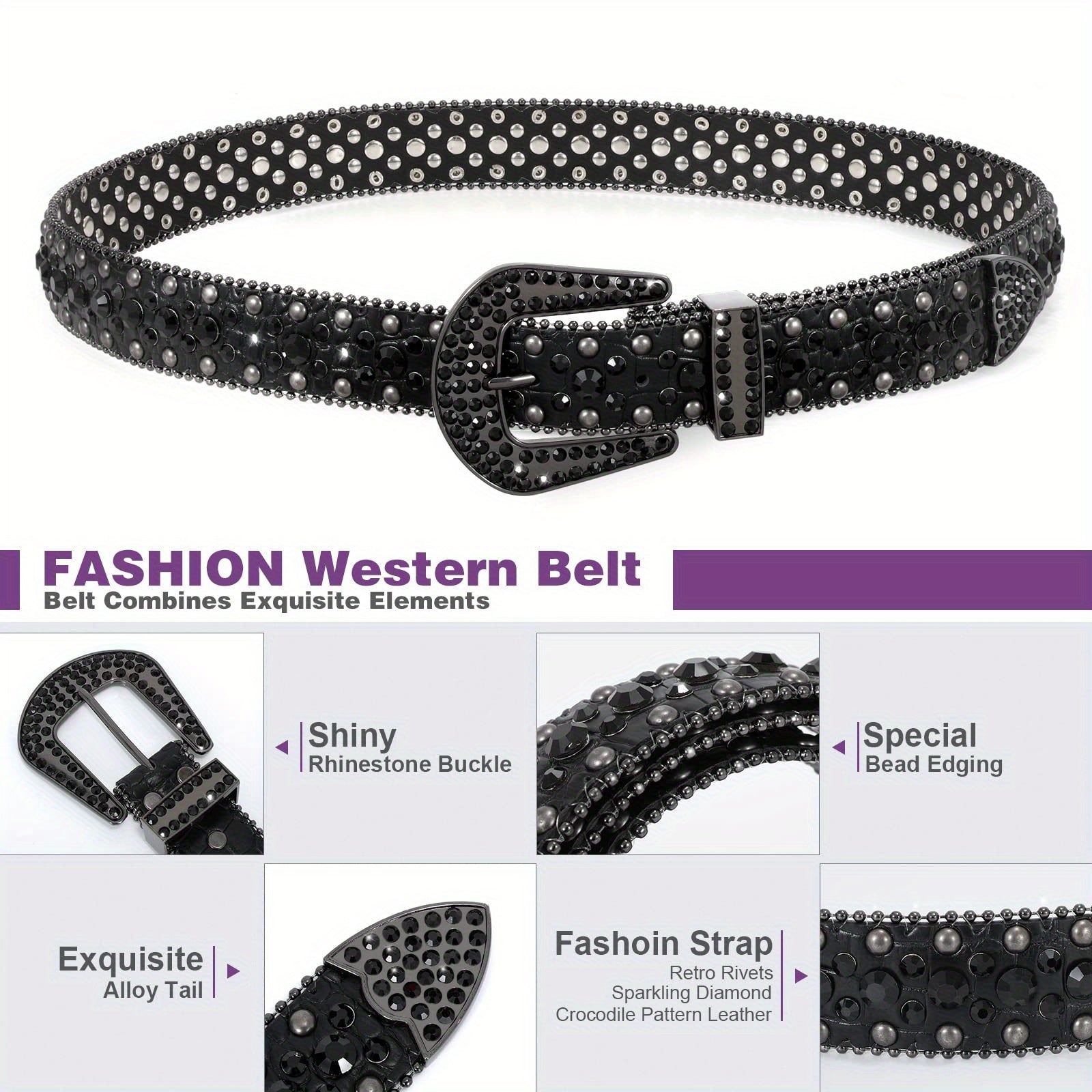 WHIPPY 1pc Men'S Rhinestone Faux Leather Belt, Western Faux Crocodile Grain Faux Leather Strap Belts for Cowboy Jeans Pants Halloween Gift