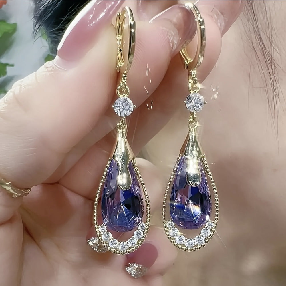 2 Pairs of Sparkling White Cat Eye Teardrop Shaped Purple Crystal Teardrop Shaped Earrings, Easy And Atmospheric Earrings, Fashionable And Elegant Alloy Jewelry Earrings