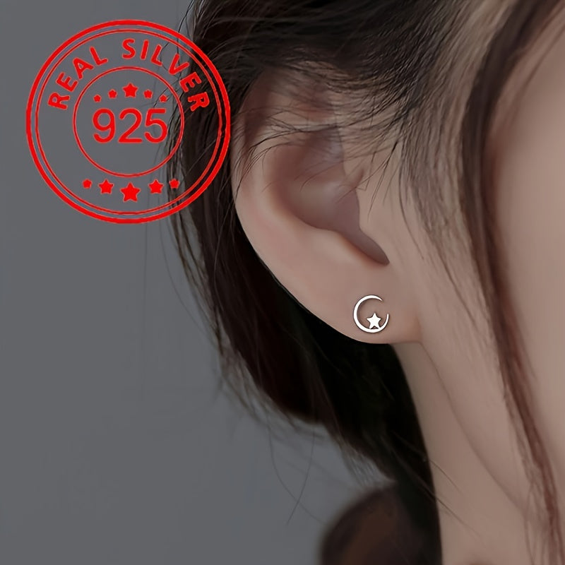 Tiny Star Moon Design Stud Earrings 925 Sterling 925 Silver Hypoallergenic Jewelry Elegant Classic Style for Daily Wear for Eid, Ramadan