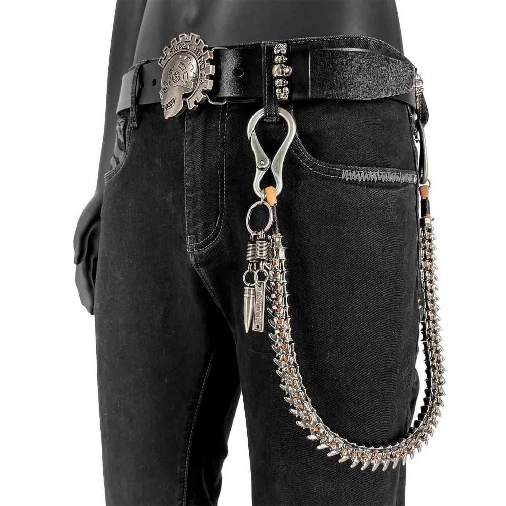 Durable Punk Style Biker Jeans With Chain, Studs, And Key Holder For Men's Wallet
