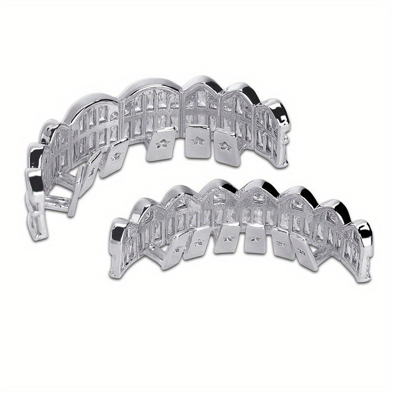 2pcs/ set Men Grills for Your Teeth Iced Out Hip Hop Golden Color Plated Baguette Cubic Zirconia 8 Teeth Top and Bottom Grillz for Women Rapper Costume