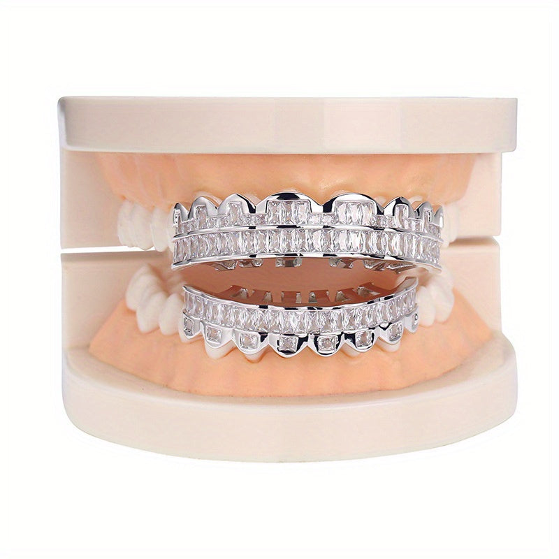 2pcs/ set Men Grills for Your Teeth Iced Out Hip Hop Golden Color Plated Baguette Cubic Zirconia 8 Teeth Top and Bottom Grillz for Women Rapper Costume