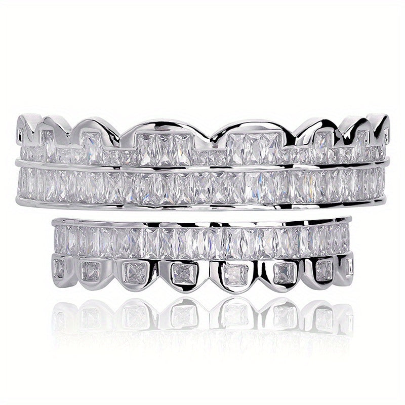 2pcs/ set Men Grills for Your Teeth Iced Out Hip Hop Golden Color Plated Baguette Cubic Zirconia 8 Teeth Top and Bottom Grillz for Women Rapper Costume