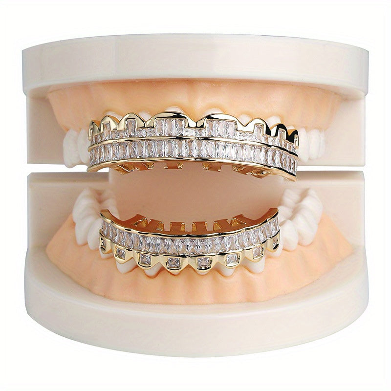 2pcs/ set Men Grills for Your Teeth Iced Out Hip Hop Golden Color Plated Baguette Cubic Zirconia 8 Teeth Top and Bottom Grillz for Women Rapper Costume