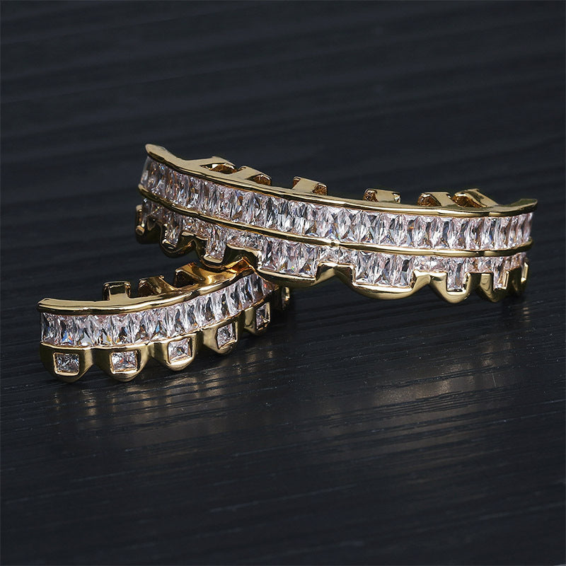 2pcs/ set Men Grills for Your Teeth Iced Out Hip Hop Golden Color Plated Baguette Cubic Zirconia 8 Teeth Top and Bottom Grillz for Women Rapper Costume