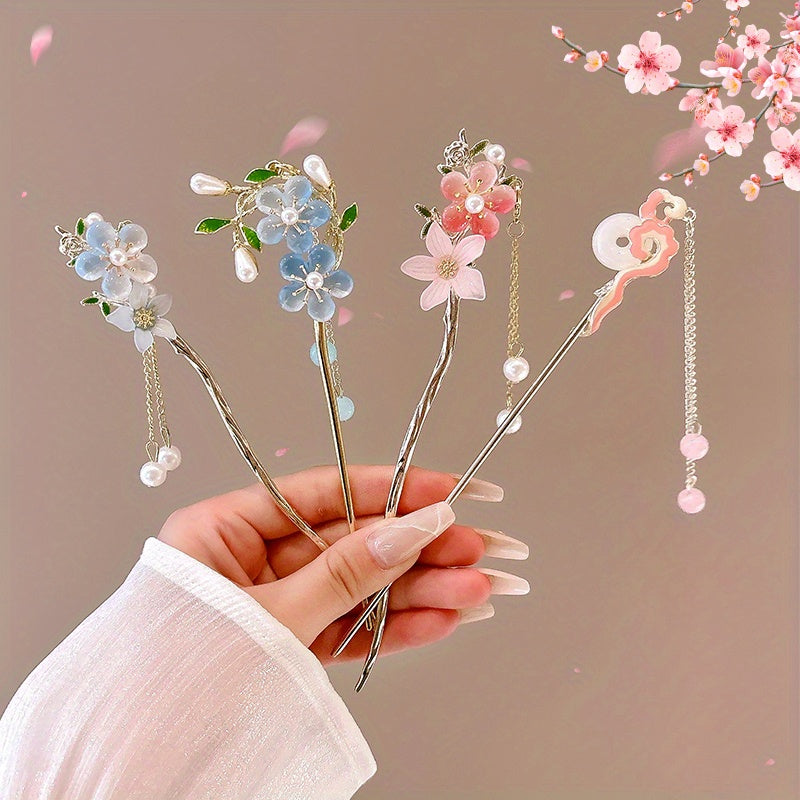 10pcs Floral Hair Clip Set - Delicate Alloy Acrylic Flower Clips, Suitable for Women, Perfect for Matching with Hanfu, Traditional Chinese Clothing, and Bridal Hairstyles, Suitable for Ages 14 and Above