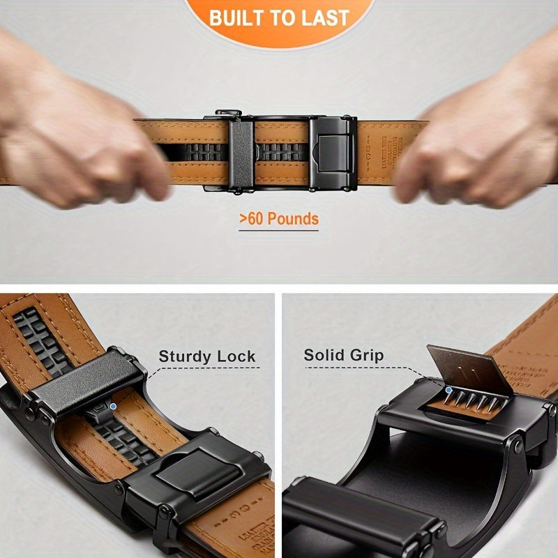 2026 Men's Genuine Leather Ratchet Belts with Automatic Buckle - Adjustable Casual & Business Style Belts, Durable Alloy Buckle, High-Quality Leather, Easy to Wear for Any Occasion 2pcs Game Day Football Fan Gear for All Fans