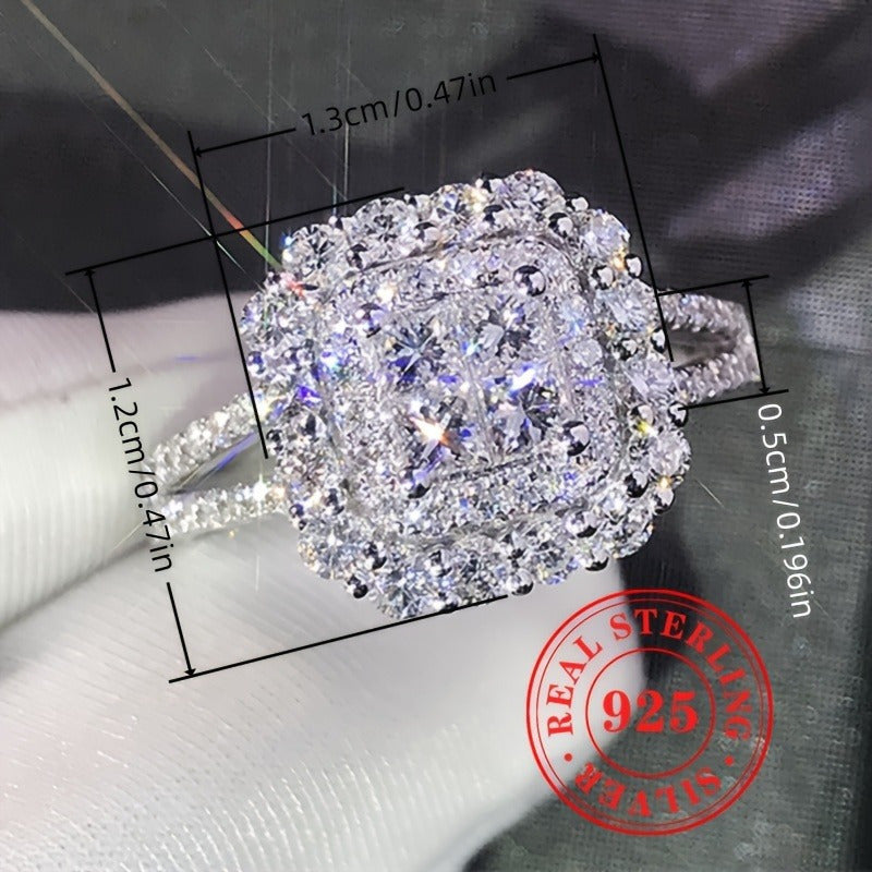 925 Sterling Silver Ring Elegant & Bling Style Shiny Square Cubic Zirconia Decor Engagement Ring Jewelry for Wedding & Party Accessory Gifts for Women
