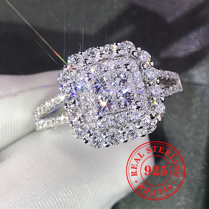 925 Sterling Silver Ring Elegant & Bling Style Shiny Square Cubic Zirconia Decor Engagement Ring Jewelry for Wedding & Party Accessory Gifts for Women